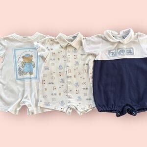 Vtg Baby Boy Bubble Romper Lot 6-9 Months Summer Shorts Duck Coverall Bear Train